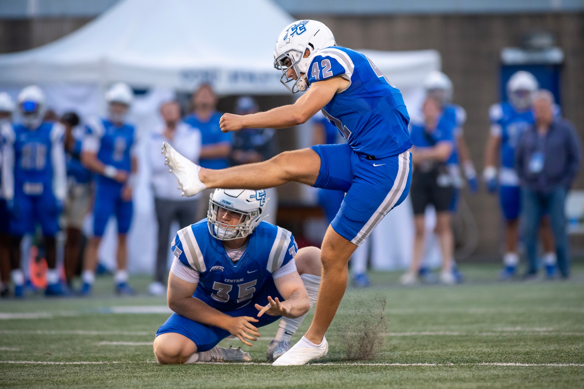 Jack Barnum tied a school-record with a 50-yard field goal in the Blue Devils opener on Thursday night. (Photo: Steve McLaughlin)