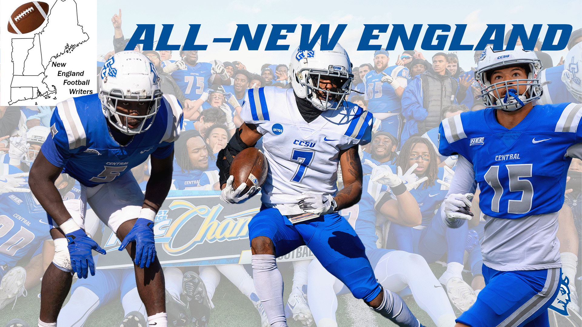 Kimal Clark, for the second time, Elijah Howard and Davone Walden, Jr. are representatives of the CCSU Football team on the All-New England Team. (Photos: Steve McLaughlin)