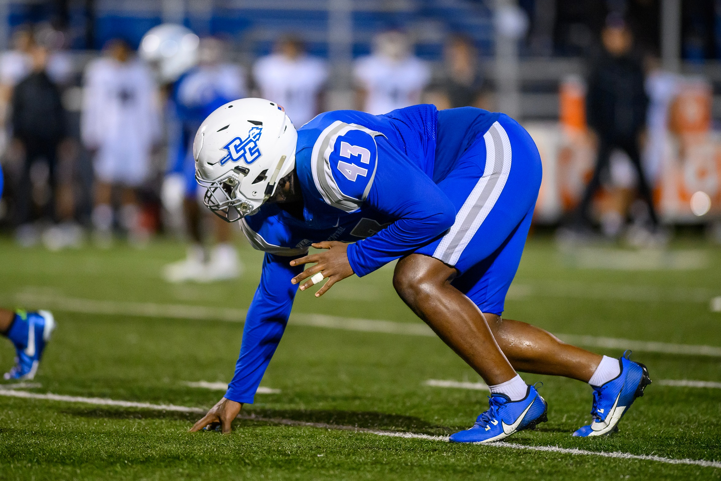 Wayne Coleman had a career-best 2.5 TFL's in the Blue Devils win over Mercyhurst on October 12, 2024, and was named the NEC Rookie of the Week as a result. (Photo: Steve McLaughlin)