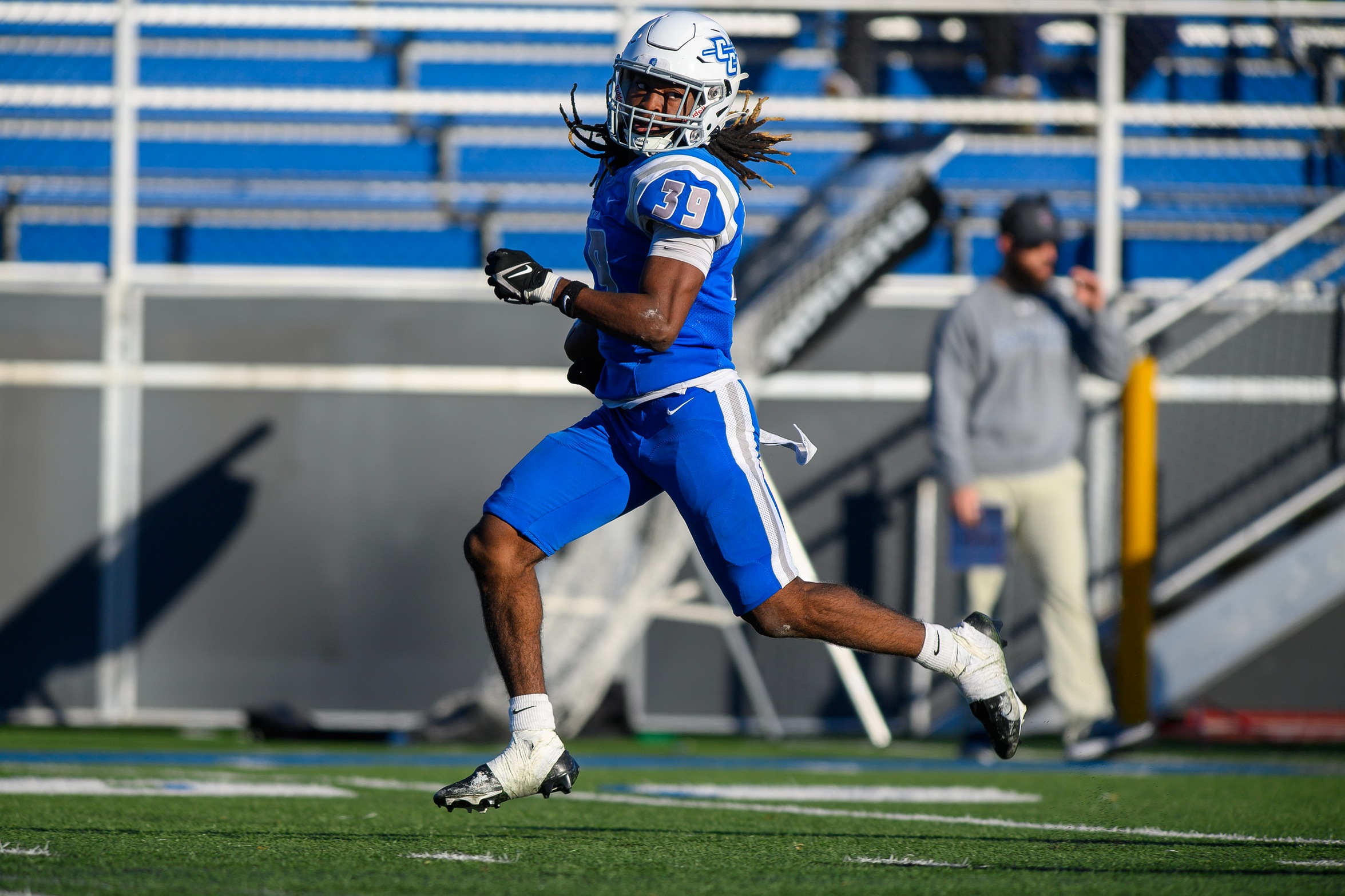 Christopher Jean returned a fumble 49 yards for a game-tying touchdown midway through the fourth quarter to help the Blue Devils to a key 2OT win over Robert Morris (Photo: Steve McLaughlin)