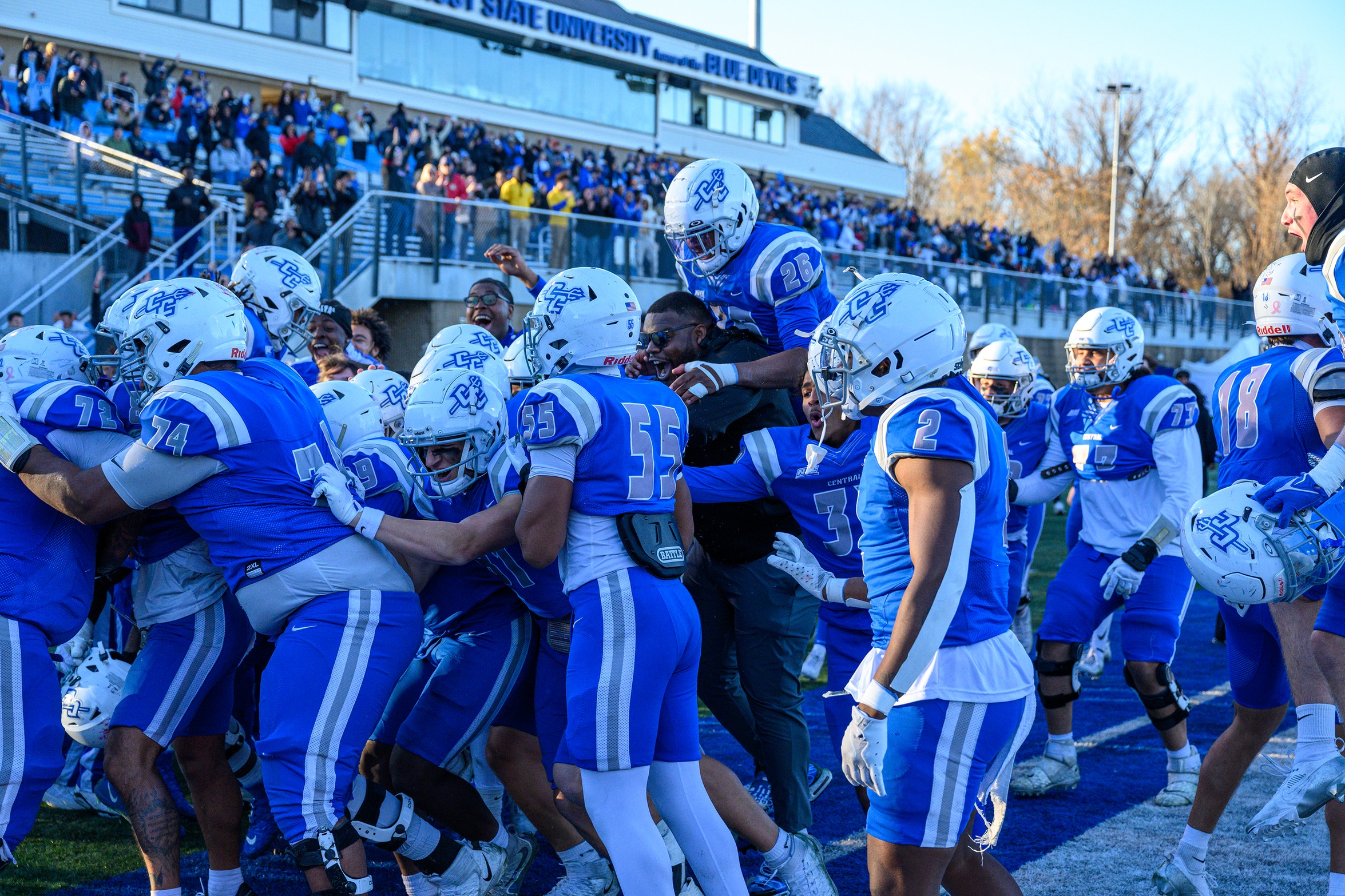 CCSU Football rallied from 14-points down in the fourth quarter to defeat Robert Morris, 35-33, in double overtime on Arute Field Saturday afternoon. The win sets up the Blue Devils for a showdown with nationally ranked Duquesne at home next Saturday, with the NEC Championship on the line. (Photo: Steve McLaughlin)