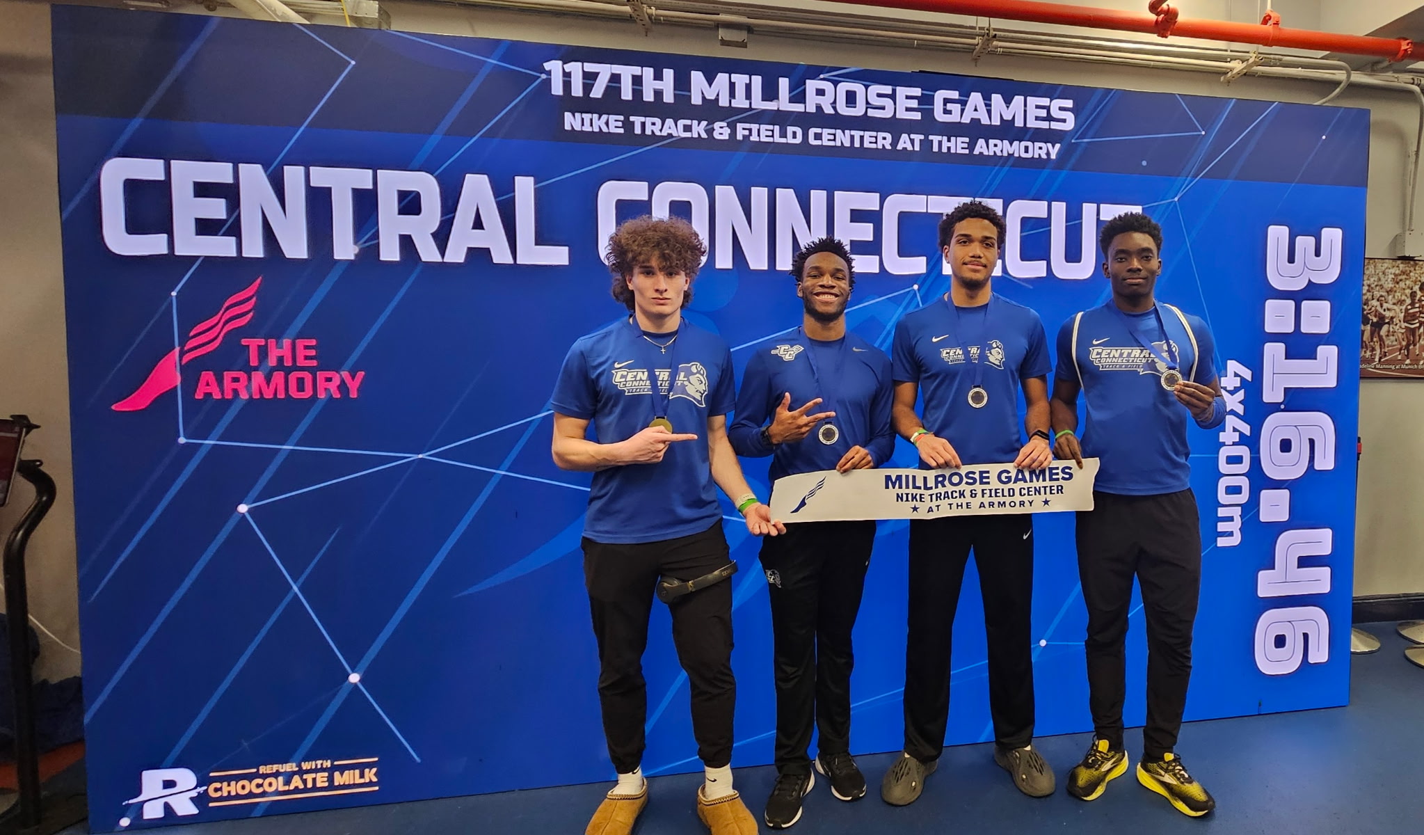 The CCSU 4x400 relay of Noah Colangelo, Lucas Figuieredo, Kymoy Phillip, Jayden Brown took the top spot at the 117th Millrose Games on Saturday.