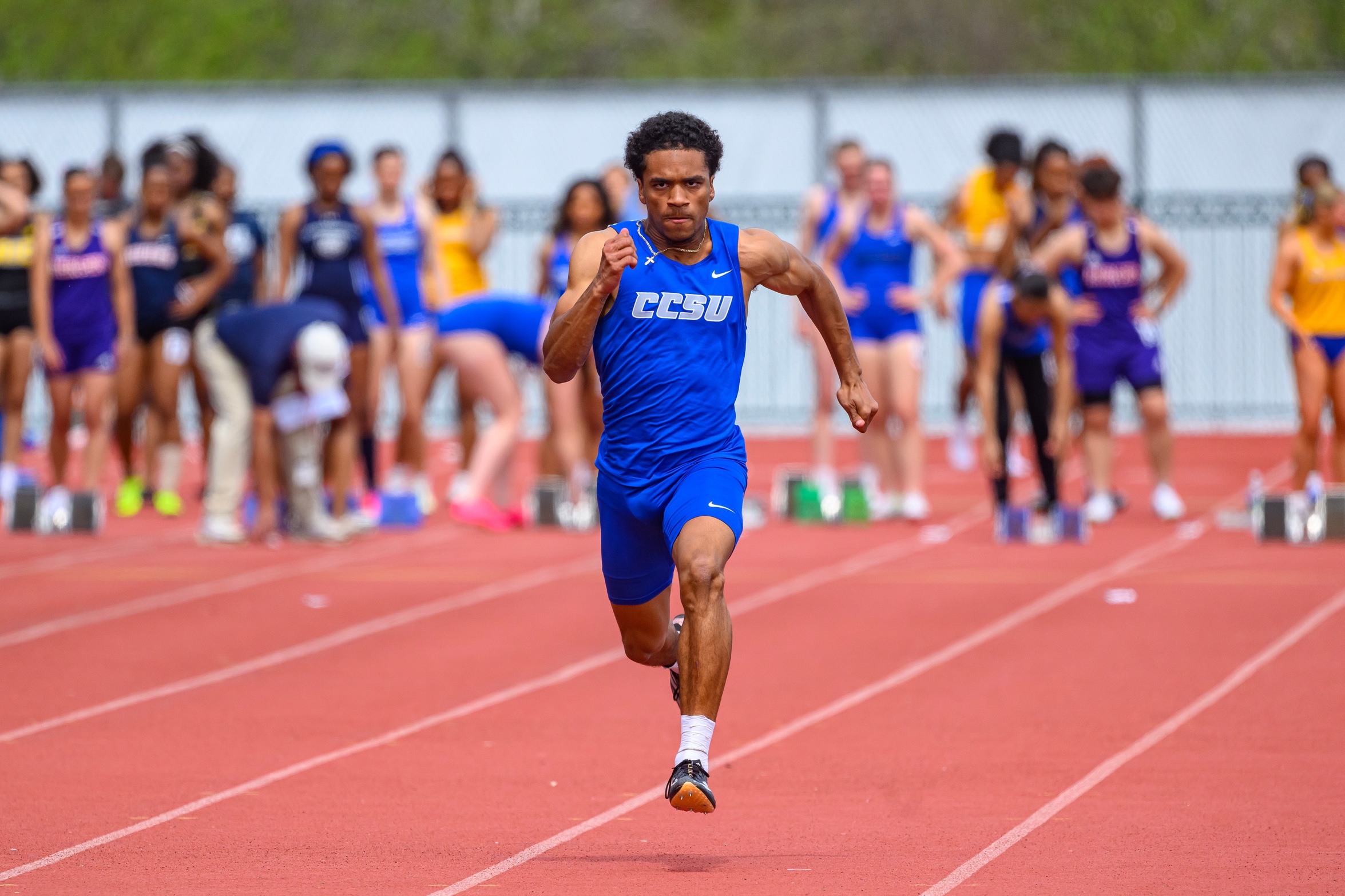 Stylz Mitchell set the school record in the 100m on Saturday, running 10.49, .01 faster than the 2019 mark. (Photo: Steve McLaughlin)