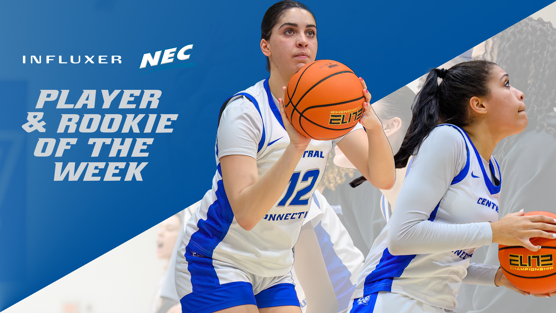 Lucia Noin and Kiyah Lewis were named NEC Influxor Player and Rookie of the Week on Monday, following 25-point efforts in Saturday's Senior Day victory. (Photos: Steve McLaughlin)