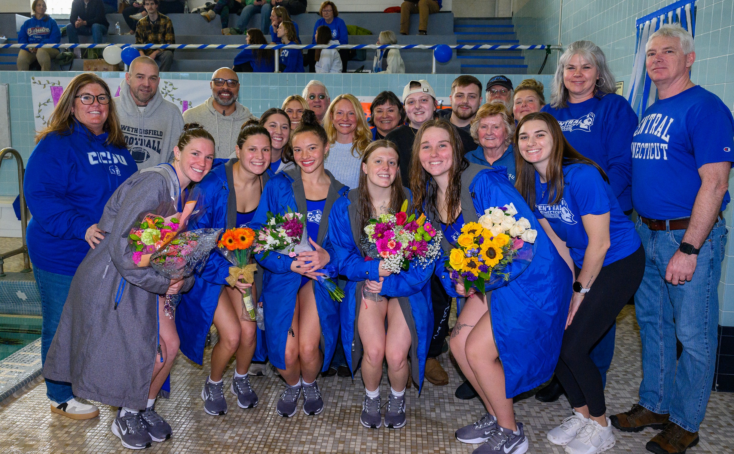 The CCSU swimming and diving team honored its seniors; Zoe Baker, Wynter Berube, Taylor DeMarest, Abbey Keane and Marley Milne, before the final dual meet of the season (Photo: Steve McLaughlin)